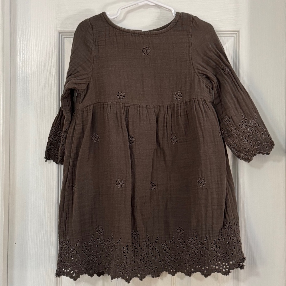 Rylee + Cru Girl Brown Eyelet 100% Cotton Dress with Scalloped Hem Long Sleeve